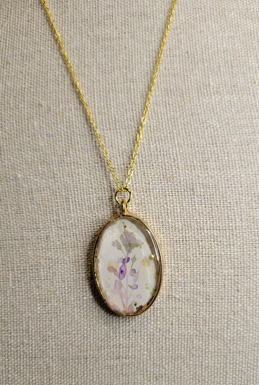 Floral Watercolor Print Golden Oval pendant and gold necklace - UV Resin on paper