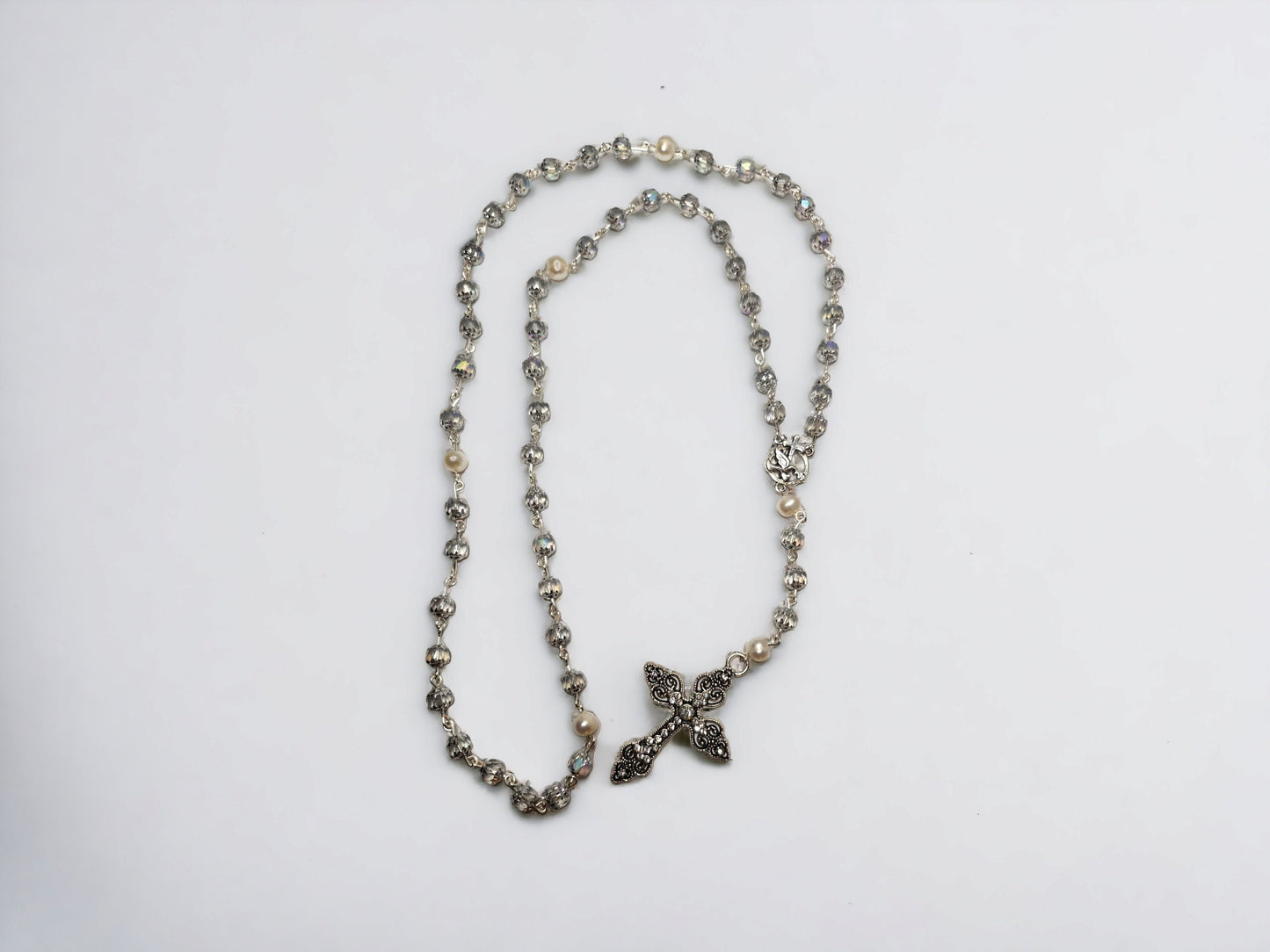 Handmade Cathedral Czech glass beads and natural white pearl, silver rosary