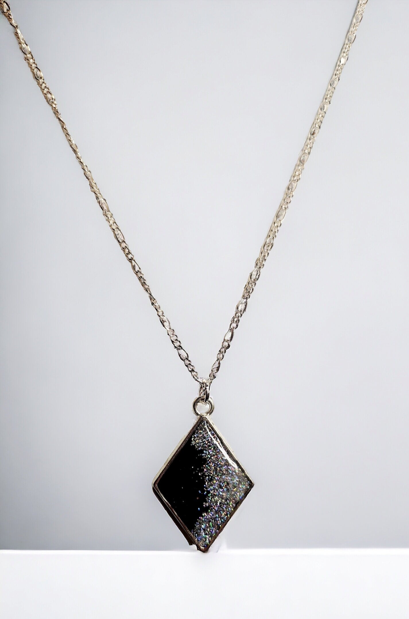 Necklace, Silver and Black Diamond pendant, glitter set in UV resin, on silver 20inch figaro chain