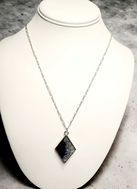 Necklace, Silver and Black Diamond pendant, glitter set in UV resin, on silver 20inch figaro chain