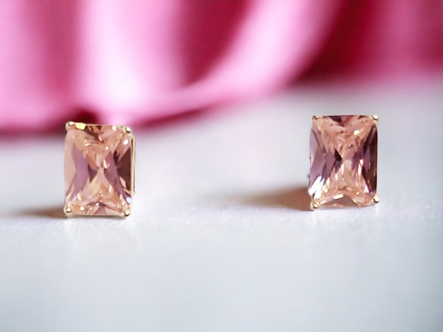 Rose Sapphire CZ Emerald-Cut Stud Earrings in Sterling Silver - 8x6mm Romantic Pink Sparkle