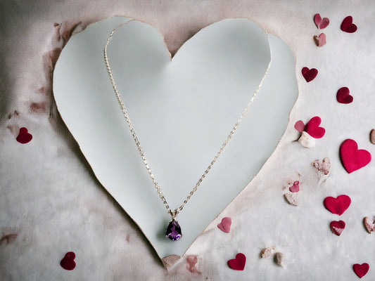 Natural Amethyst Pear shaped pendant 10x7mm set in sterling silver, with 16 inch sterling silver chain