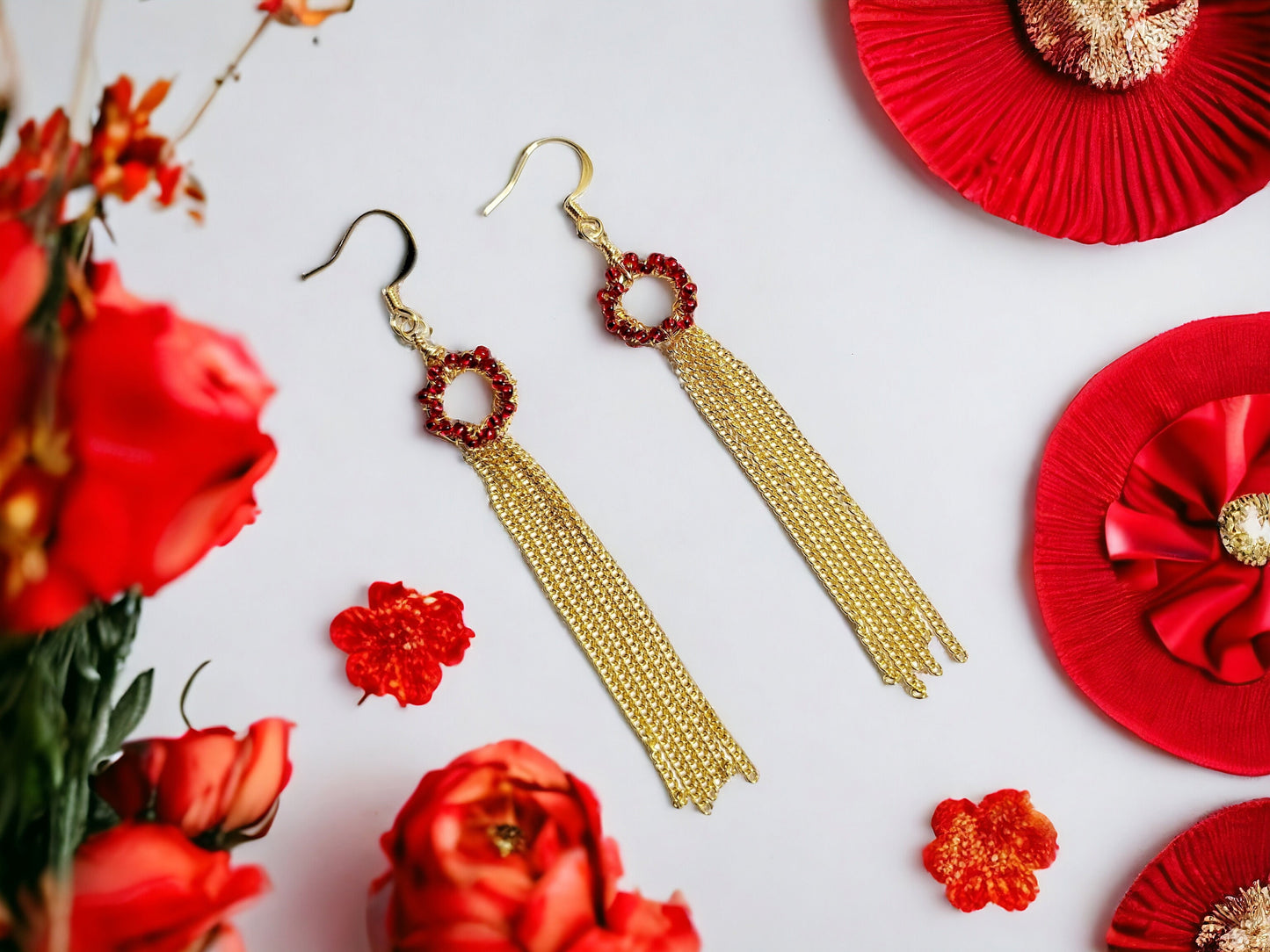 Red and Gold chain duster earrings, 18kt gold plated