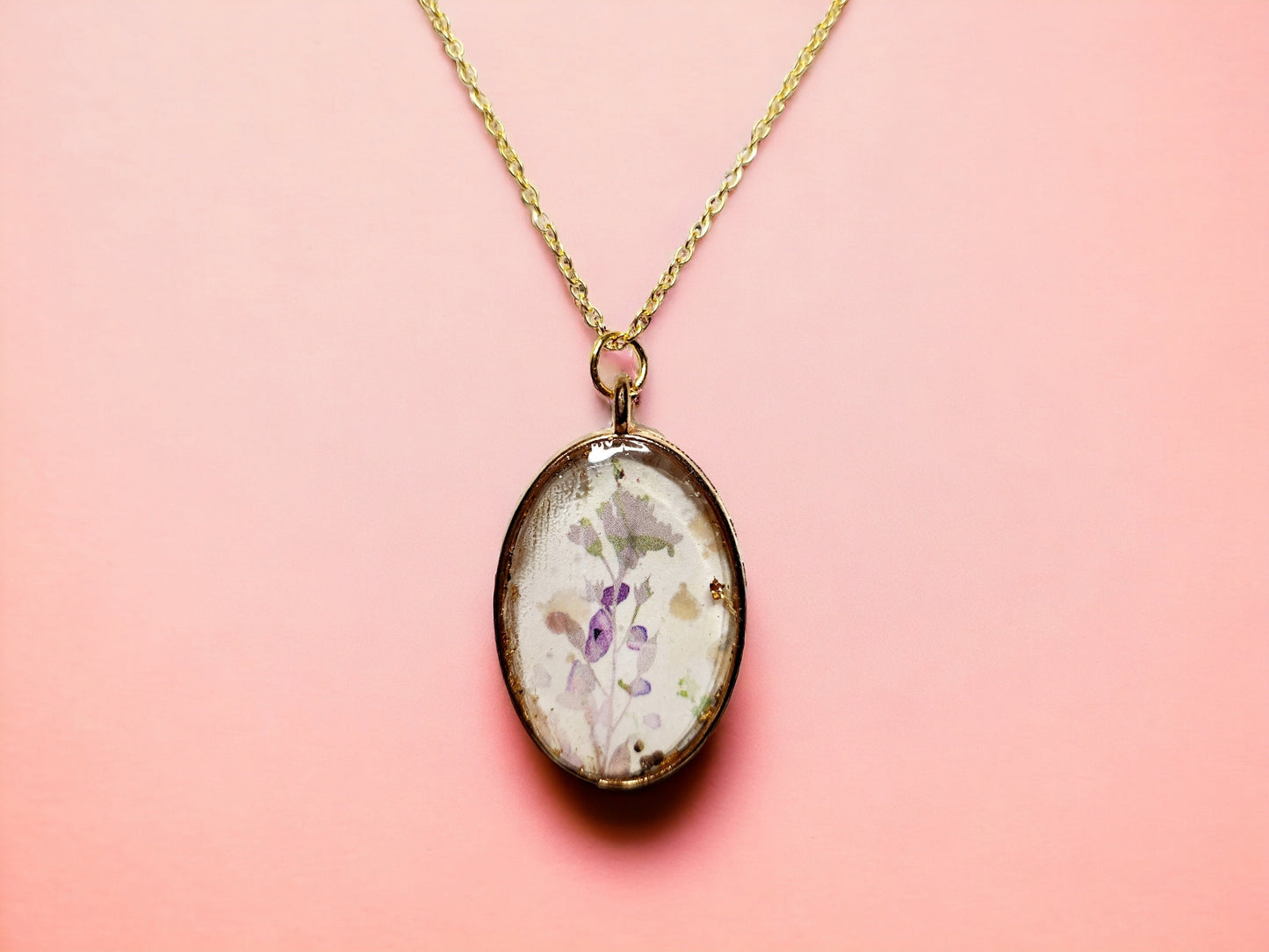 Floral Watercolor Print Golden Oval pendant and gold necklace - UV Resin on paper