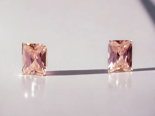 Rose Sapphire CZ Emerald-Cut Stud Earrings in Sterling Silver - 8x6mm Romantic Pink Sparkle