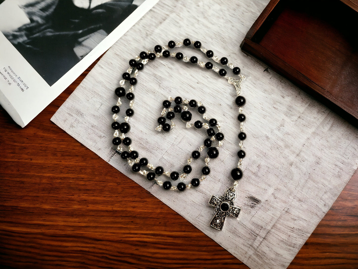Black gemstone rosary beads, Onyx gemstone and Obsidian approx 26inch in length