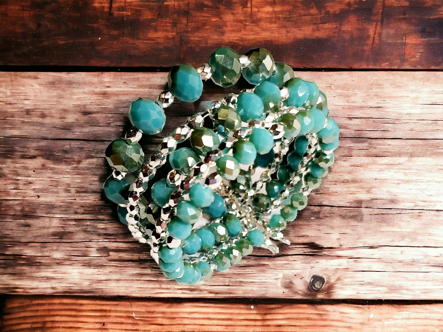 Turquoise Beaded Cuff Bracelet with silver and Glass turquoise beading