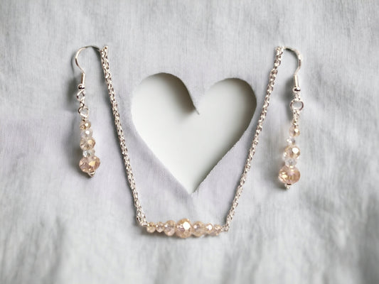 Peach blush and Crystal bead bar necklace and matching drop earrings set