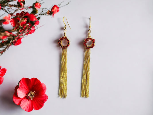 Red and Gold chain duster earrings, 18kt gold plated