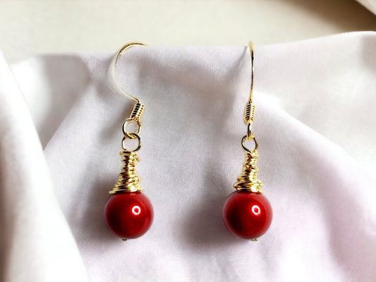 Red pearl 8mm and gold wrapped drop earrings