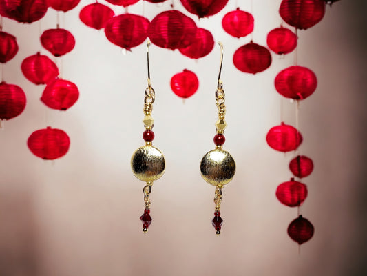 Red crystal and Gold Disc drop earrings approx 2 inches