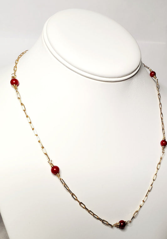Hand wrapped red pearls and gold paper clip necklace