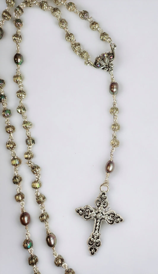 Handmade Cathedral Czech glass beads in smoke color and cultured peacock pearls, silver rosary