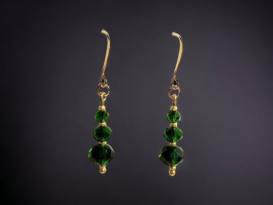 Emerald Glass Bead and gold beaded Drop Earrings