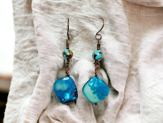 Earrings, Blue Shell and turquoise siderolite, bronze dangle