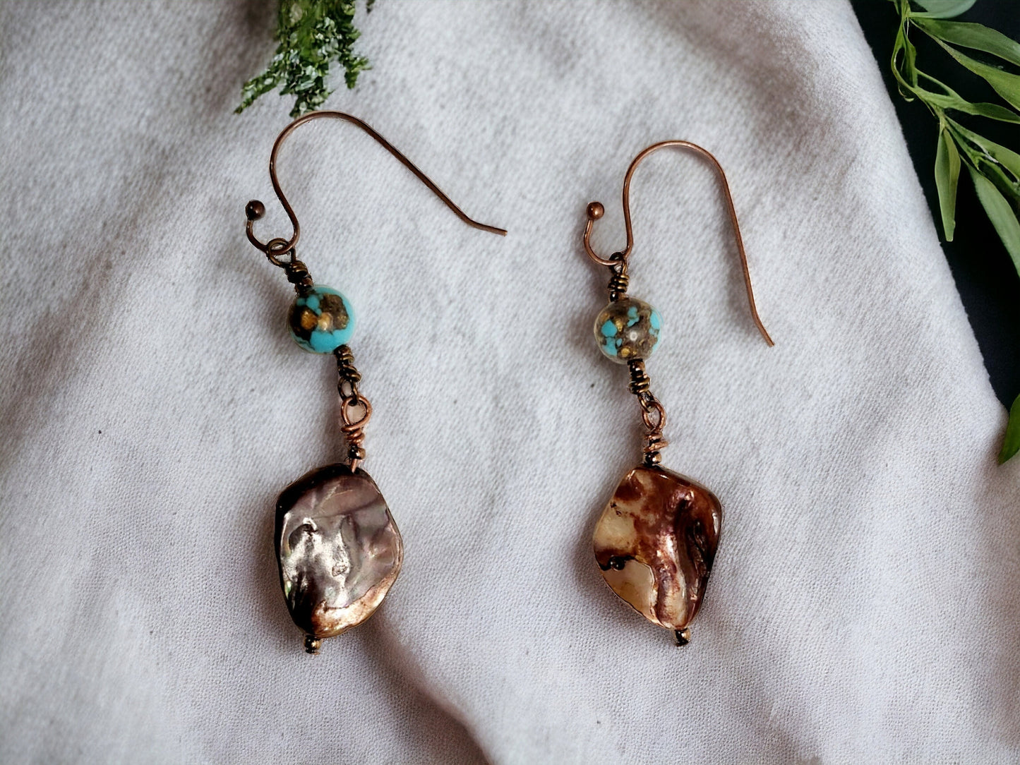 Earrings, Blue Shell and turquoise siderolite, bronze dangle
