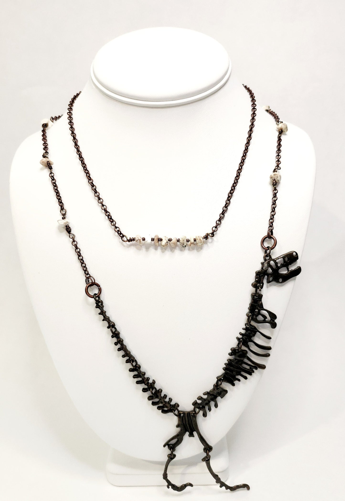 Bronze dinosaur necklace focal on howlite beaded antique bronze chain 24 inch length