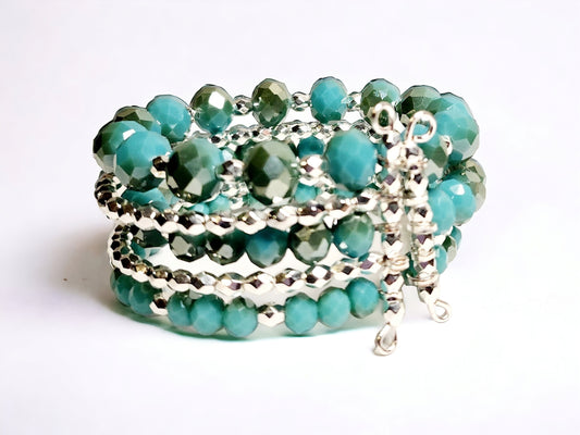 Turquoise Beaded Cuff Bracelet with silver and Glass turquoise beading