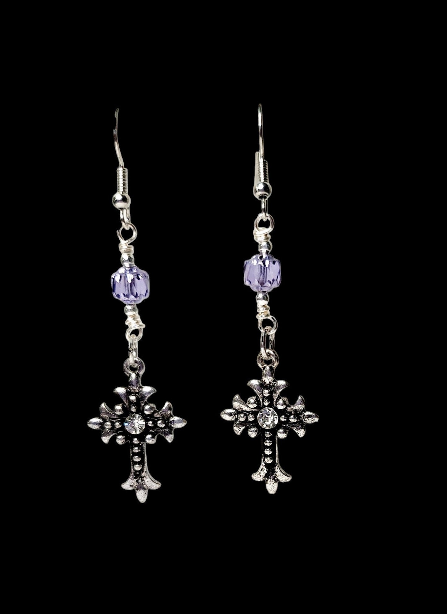 Antiqued silver cross and rhinestone earrings with purple Czech cathedral beading