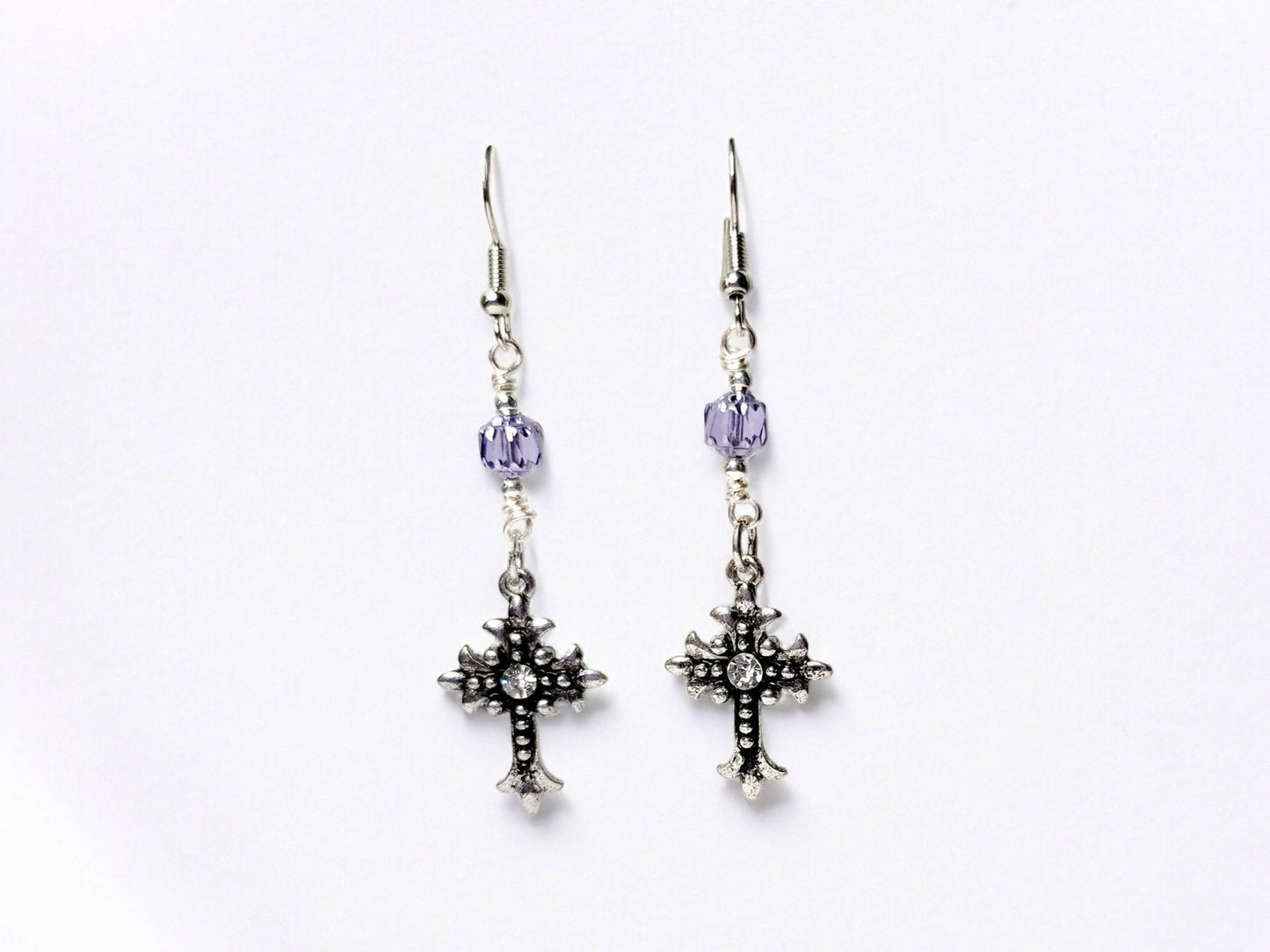 Antiqued silver cross and rhinestone earrings with purple Czech cathedral beading
