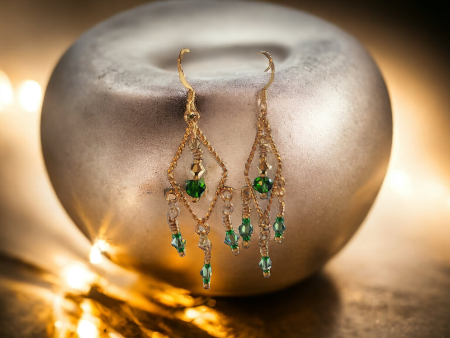 Gold twisted triangle chandelier earrings with emerald beading