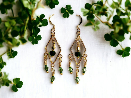 Gold twisted triangle chandelier earrings with emerald beading