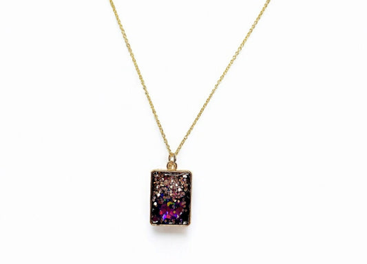 Purple glitter resin pendant in gold square bezel, 18kt gold plated necklace