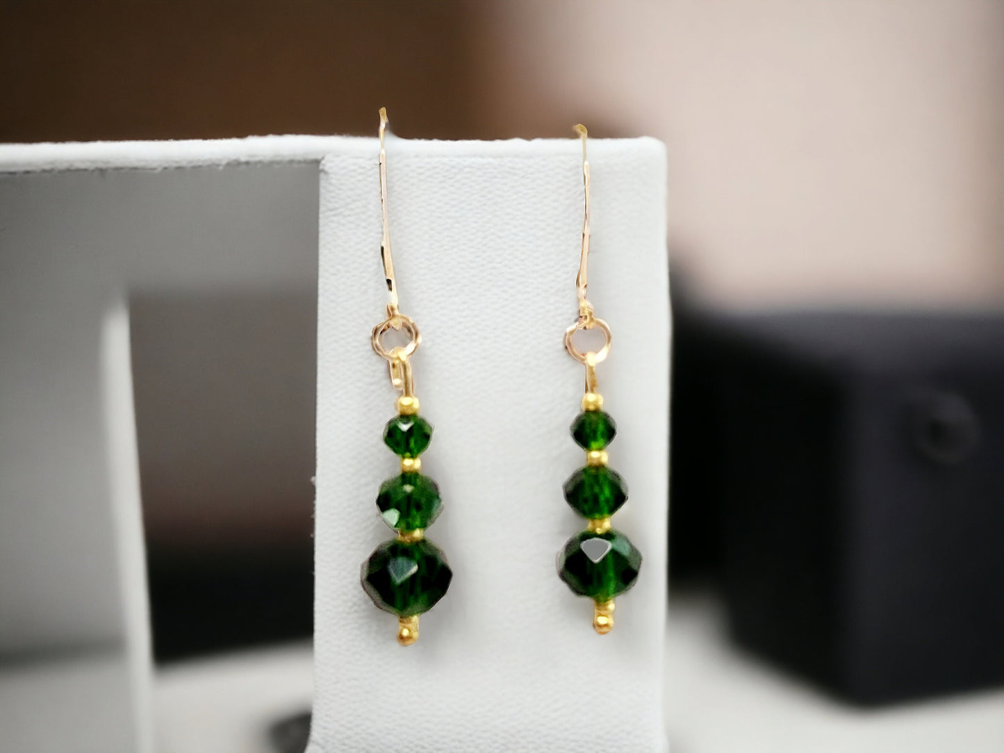 Emerald Glass Bead and gold beaded Drop Earrings