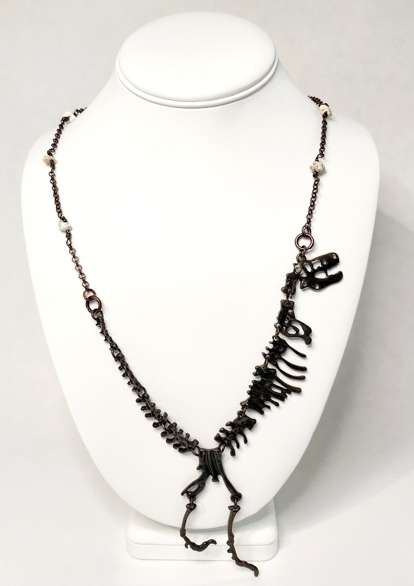 Bronze dinosaur necklace focal on howlite beaded antique bronze chain 24 inch length