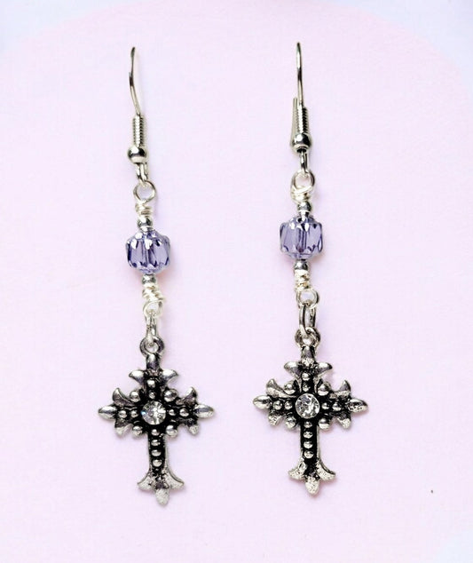 Antiqued silver cross and rhinestone earrings with purple Czech cathedral beading