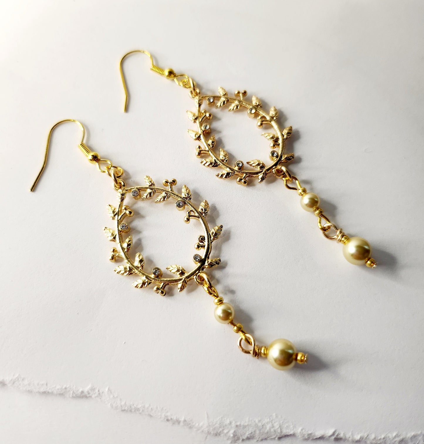 Golden Wreath, Rhinestone and Pearl Earrings