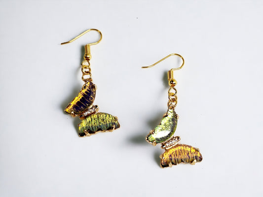 Iridescent Butterfly earrings in greens,pinks and gold