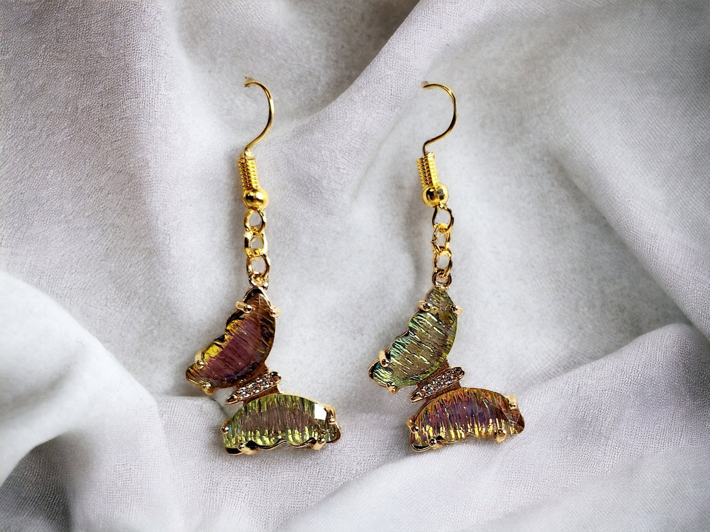 Iridescent Butterfly earrings in greens,pinks and gold