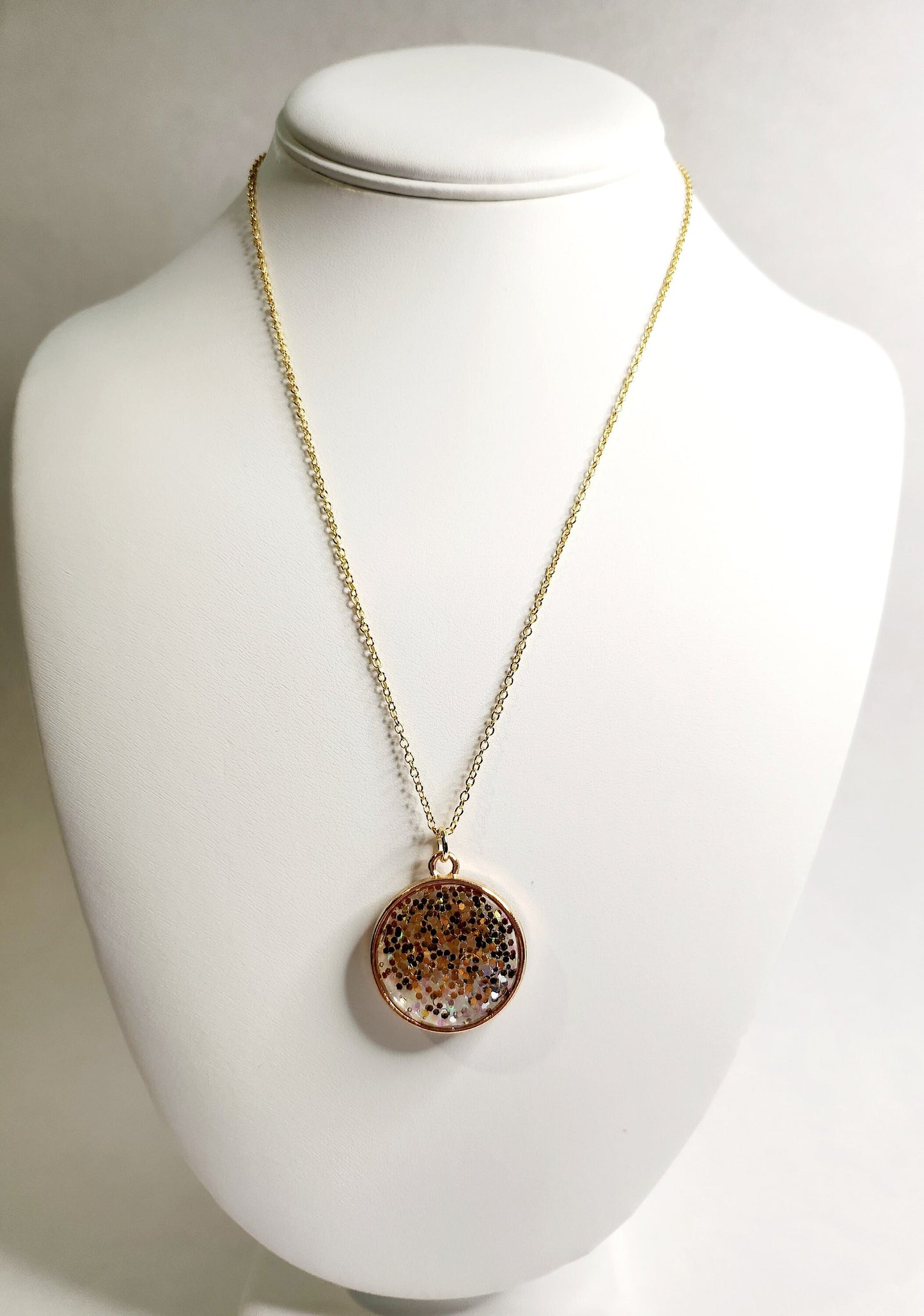 Gold glitter resin pendant in gold circle bezel, 18kt gold plated necklace