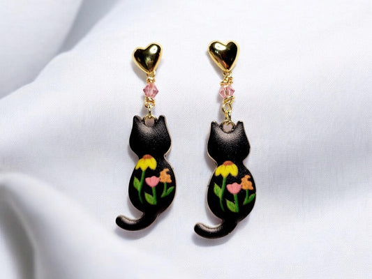 Black cat charm dangle earrings with pink crystals and heart studs