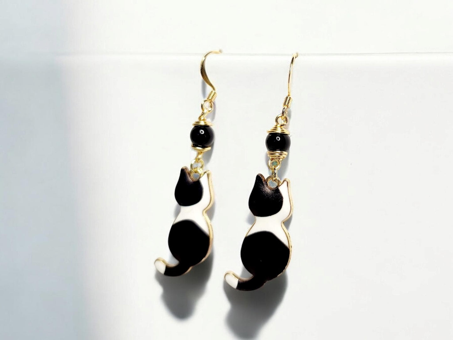 Black and White cat charm dangle earrings with Obsidian gemstone beading