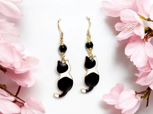 Black and White cat charm dangle earrings with Obsidian gemstone beading