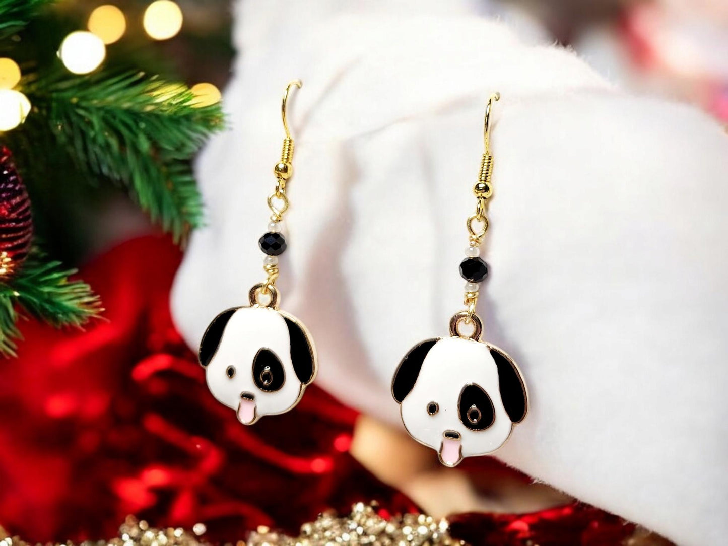 Black and White dog charm dangle earrings and black faceted glass beading.