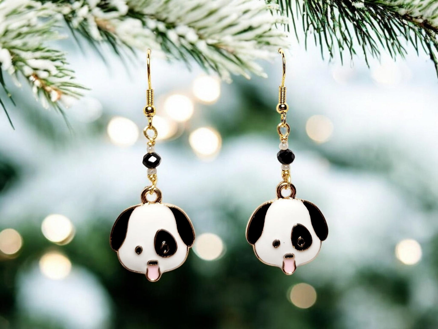 Black and White dog charm dangle earrings and black faceted glass beading.
