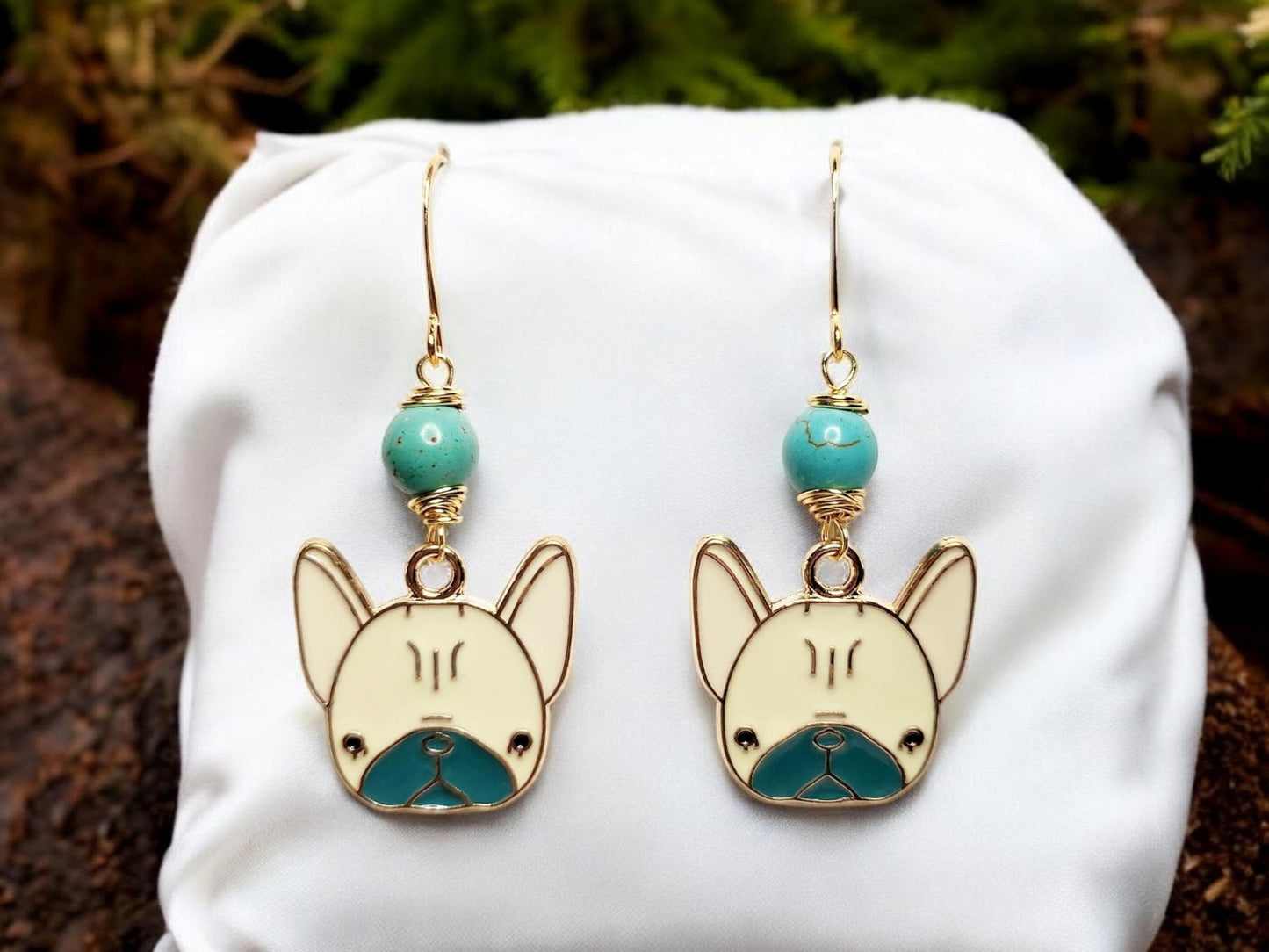 Pug dog charm dangle earrings and wire wrapped magnesite beading.