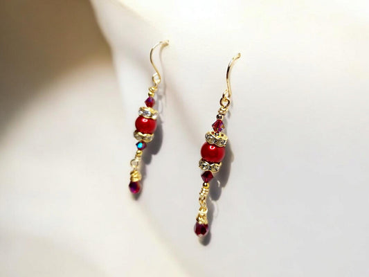 Sparkling Red Pearl and Rhinestone Dangle Christmas Earrings