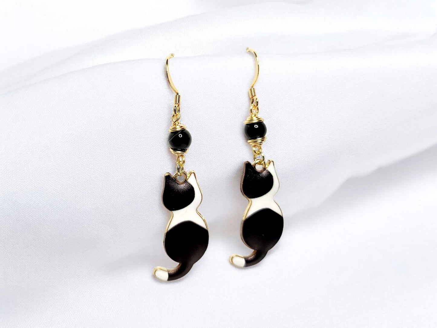 Black and White cat charm dangle earrings with Obsidian gemstone beading