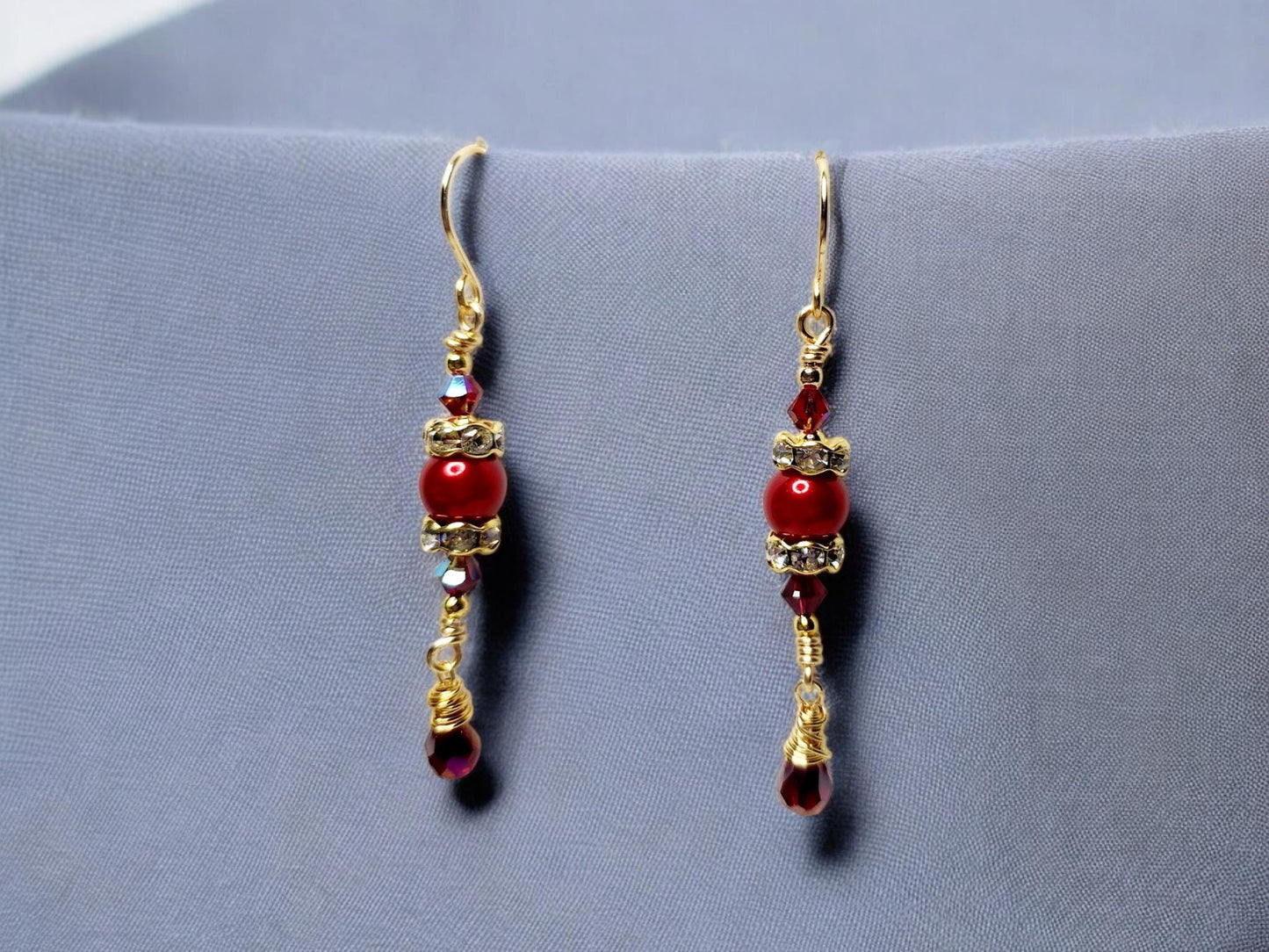 Sparkling Red Pearl and Rhinestone Dangle Christmas Earrings