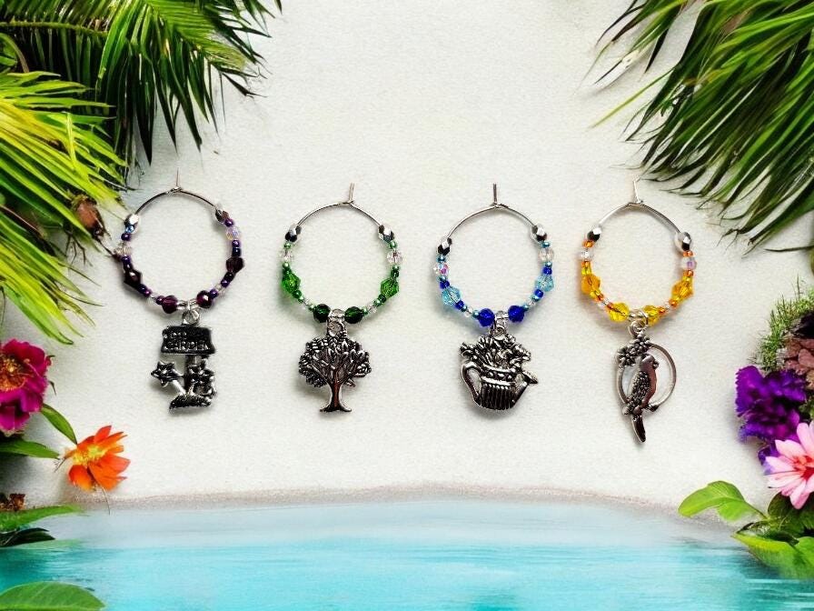 Garden themed wine charms, set of 4 on silver plated holders, in purple, green, blue and yellow