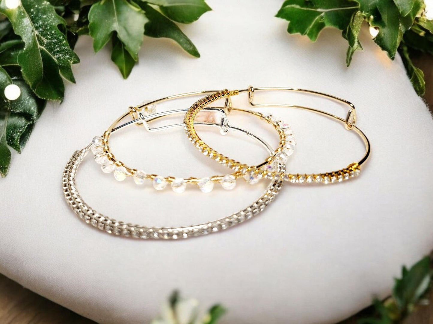 Crystal Beaded Bangle, adjustable gold tone bangle, 2.6inches in width, handcrafted