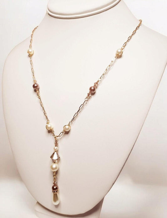 White Tear Drop and Mocha Mousse Pearl Gold Necklace