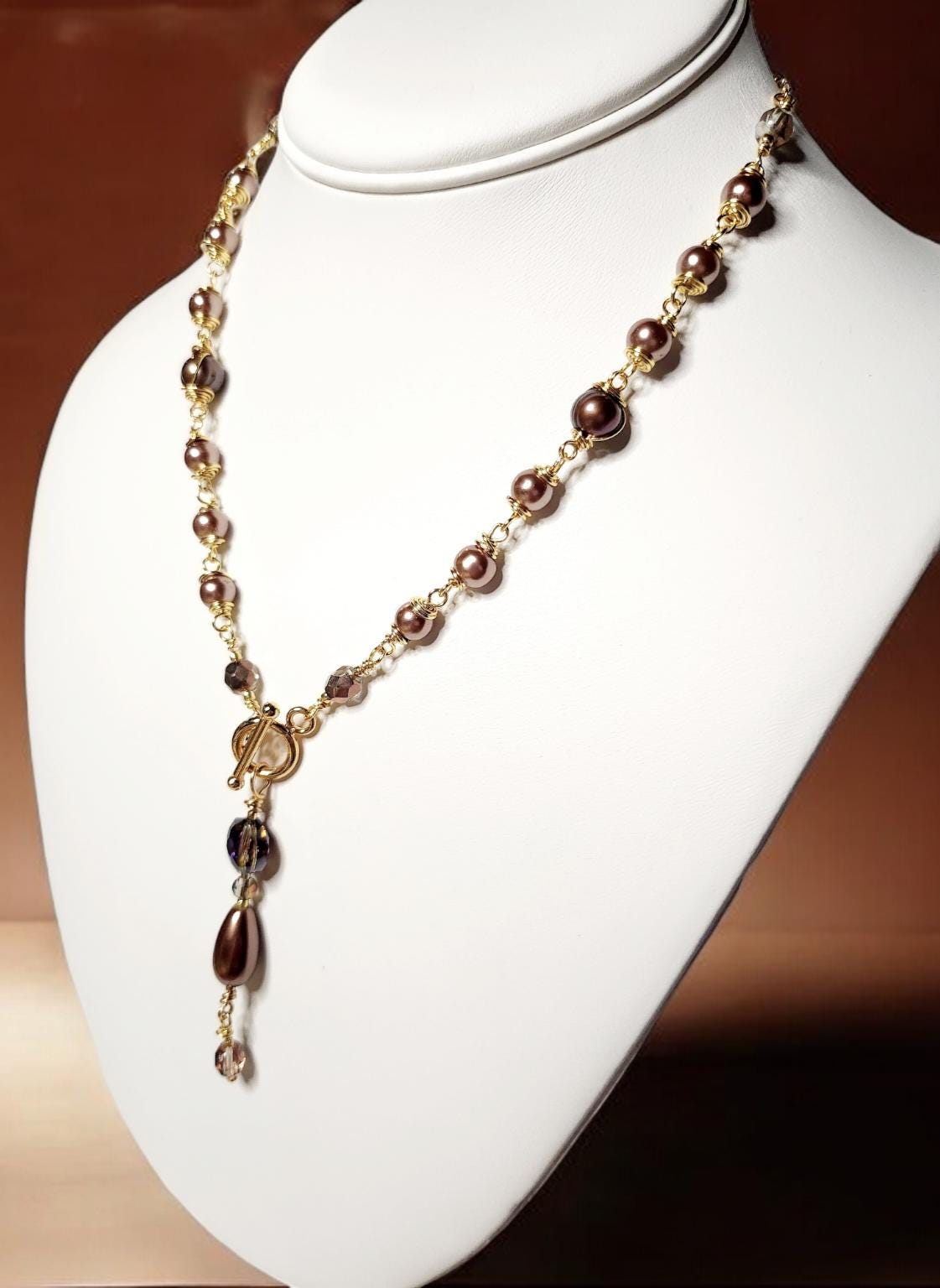 Chocolate and Peacock Pearls on handcrafted gold twisted link chain