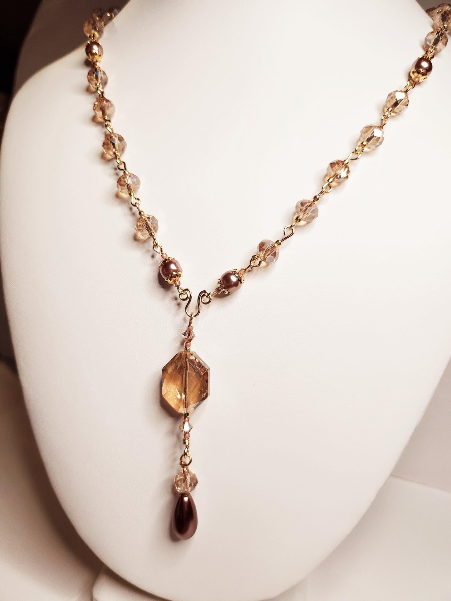 Rosary Style Golden Topaz Crystal and Chocolate Pearl Tear Drop Pendant