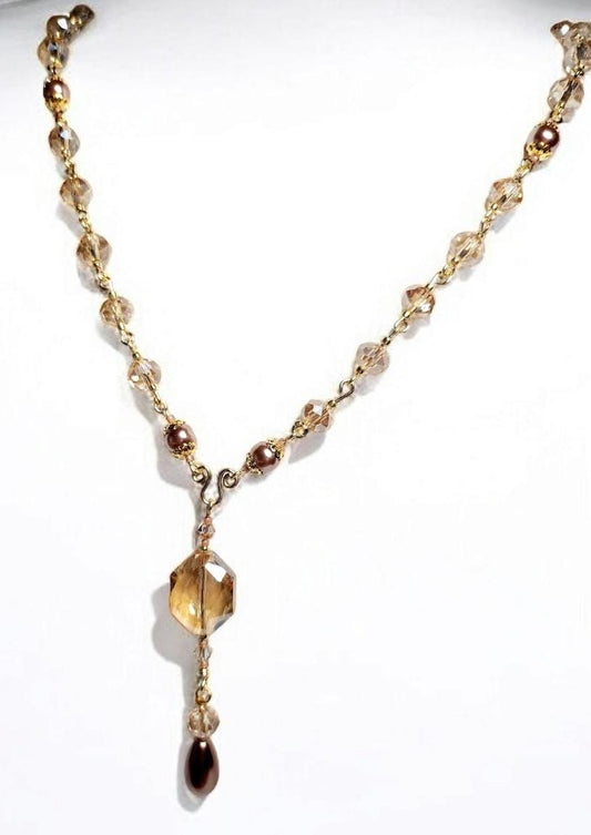 Rosary Style Golden Topaz Crystal and Chocolate Pearl Tear Drop Pendant