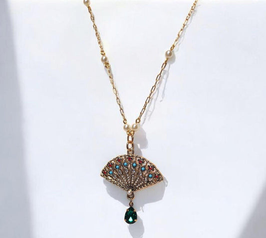 Art Deco Fan Pendant, with Emerald Crystal Drop and Pearl PaperClip Chain